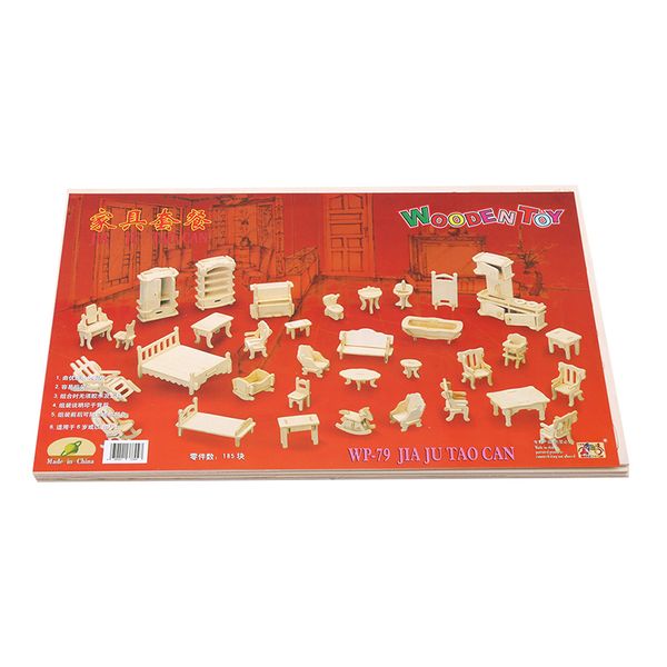 

new mini wooden puzzle diy building model toys for children gift 34 pcs/set miniature 1:12 dollhouse furniture for dolls 1019