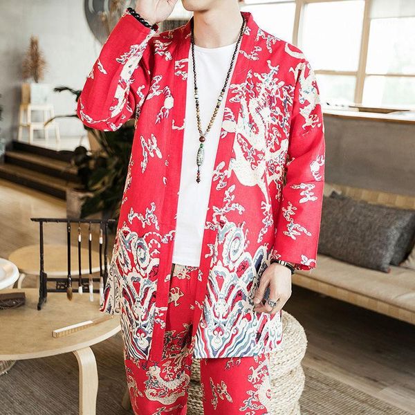 

men's tracksuits oversize 5xl mens suits linen cardigan & pants chinese style printing summer thin cotton vintage long loose hanfu sets, Gray