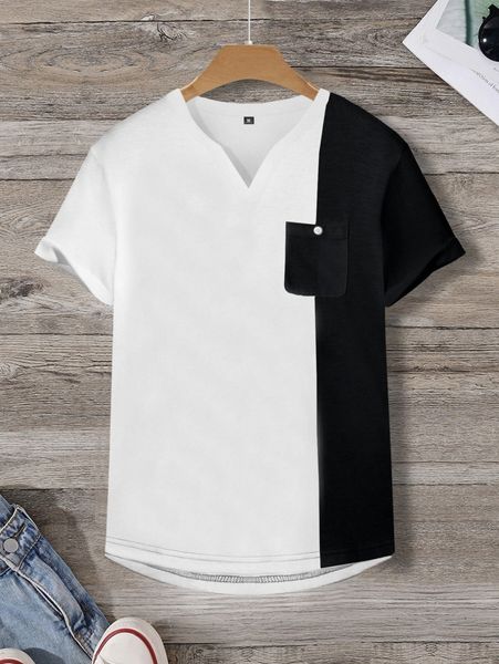 

men patched pocket colorblock high low tee a9ug#, White;black
