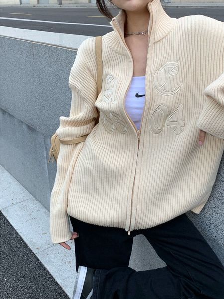 

autumn 20s new crochin sanskrit three dimensional embroidery knitted cardigan white zipper fashion ins woman tkrb, Black