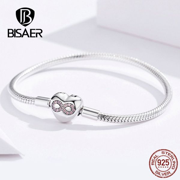 

bisaer 925 sterling silver heart shape clasp infinity love infinite femme silver bracelets for women jewelry pulseira ecb142 1028, Black