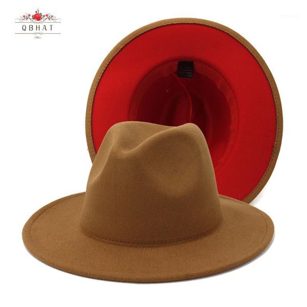 

wide brim hats qbhat wholesale brown red patchwork wool felt jazz fedora women men double-sided color matching ladies bowler panama hat1, Blue;gray