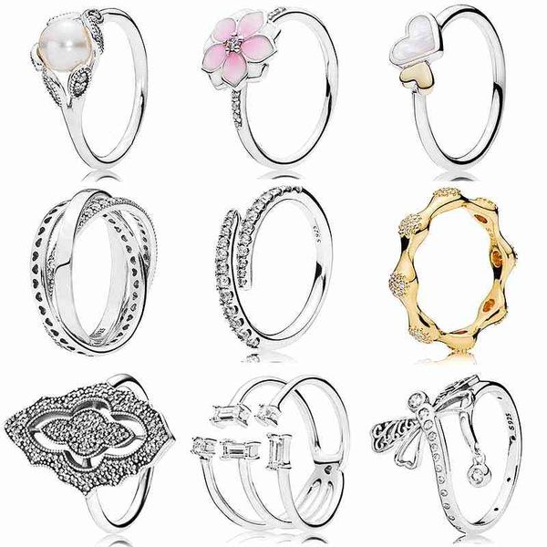 

original magnolia bloom classic lace shooting dragonfly rings with crystal 925 sterling silver gift europe jewelry, Slivery;golden