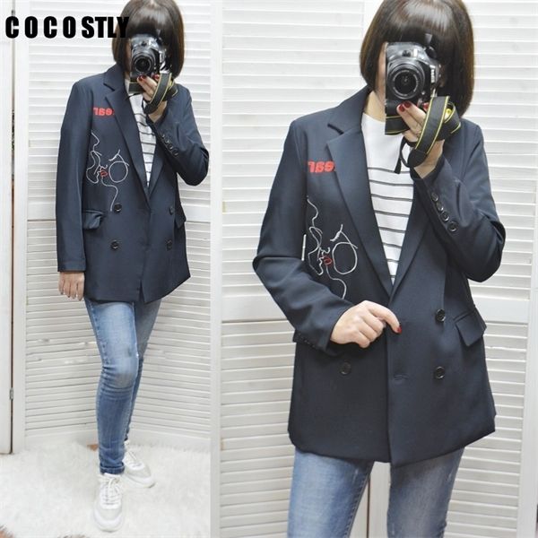 

2020 new fashion notched casual long sleeve blazers women pockets elegant temperament letter embroidered women's suit c1008, White;black