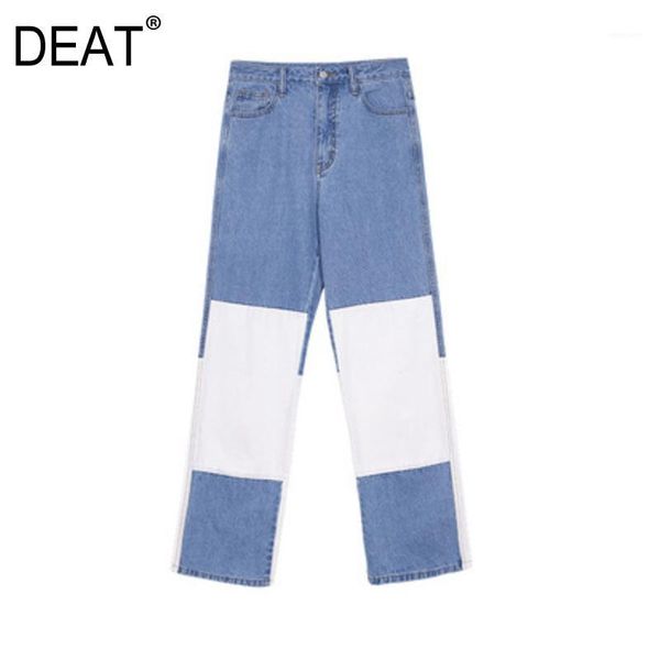 

deat] 2019 autumn fashion trend new pattern women's jeans loose straight korean waist wide leg thin section dark washed ai8481, Blue
