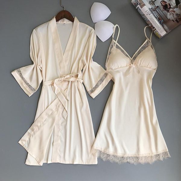 

2020 robes sets solid kimono 2pcs robe fashion bathrobe sleepwear peignoir wedding robes bridesmaid h1911, Black;red