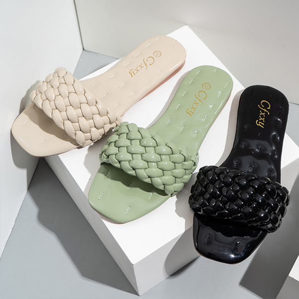 

women weave slippers solid color flat shoes fashion mirror leisure shoes beach shoe large size 42 apricot women slippers, Black