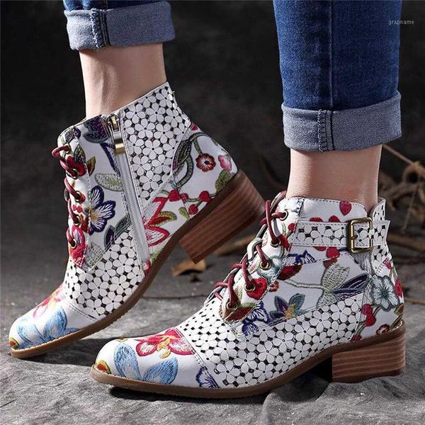 

women's boots fashion winter painting flower pattern cow leather splicing lace-up stitching ankle boots retro low high #451, Black
