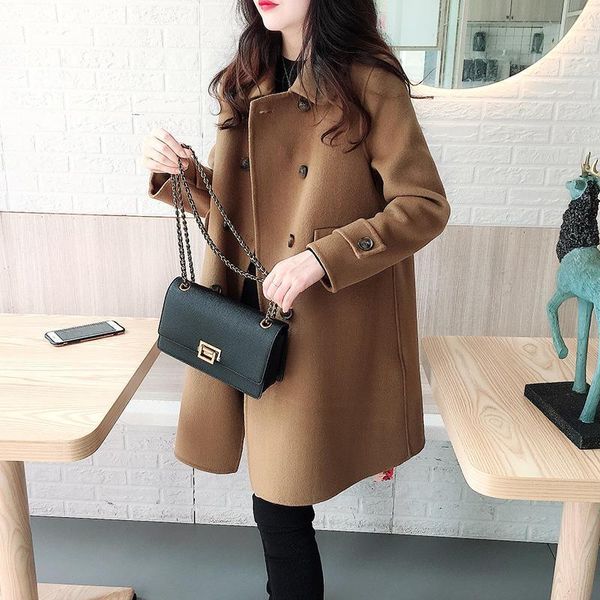 

woollen autumn winter coat women's 2021 new medium and long high-end baby collar small korean loose woolen coat, Black