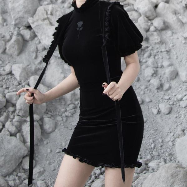 

new autumn women vintage gothic dresses rose navy neck velvet lantern sleeve black slim chinese style cheongsam dress, Black;gray