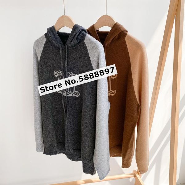 

100% cashmere womens letter knit sweater casual hooded drawstring pullover female knitwear jumpers 2020 new, White;black