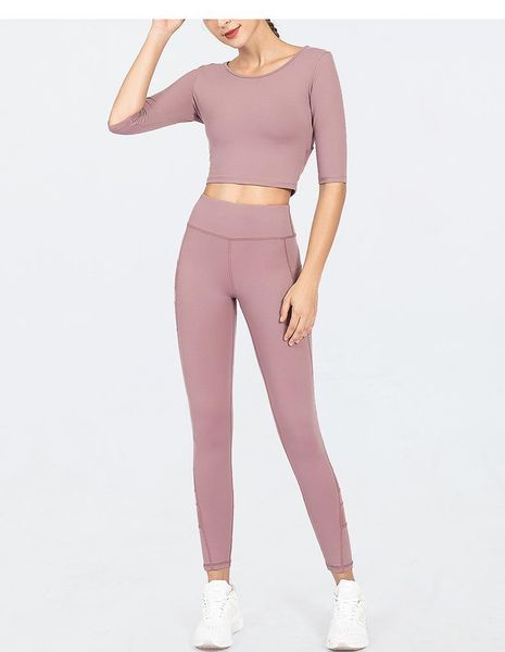 

yoga outfits x-herr soft nylon set mesh back half length sleeve high waist tight running suit training sports wear quick dry, White;red