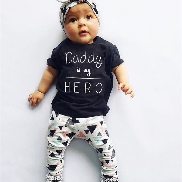

3pcs born baby girl clothes daddy is my hero outfits set infant short sleeve t-shirt+pants+headband toddler clothing suit 220212, White