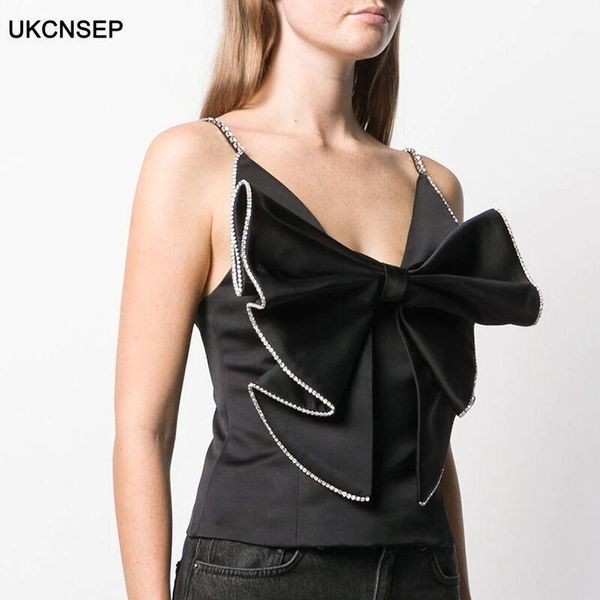 

2020 summer black bowknot patchwork diamonds women's vest v neck sleeveless slim spaghetti vests 1, White
