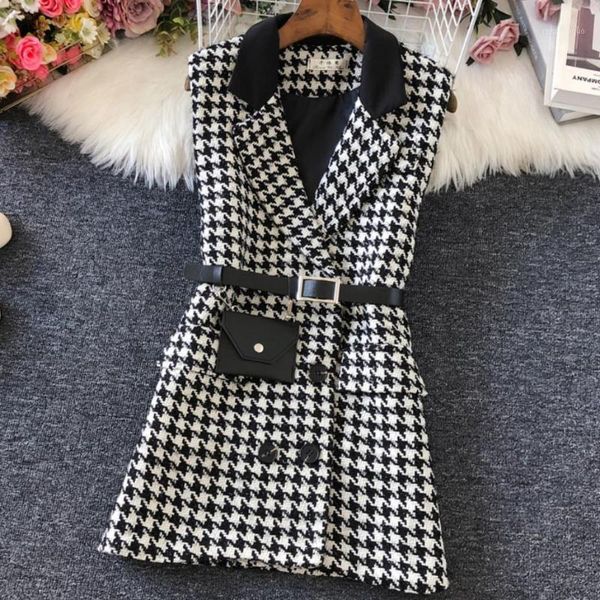 

autumn winter houndstooth woolen vest women v-neck samll fragrance double breasted waistcoat1, Black;white