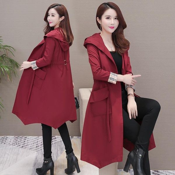 

spring and autumn 2021 latest korean style mid-length loose lace-up slimming hooded thin trench coat women's plus size pocket, Tan;black