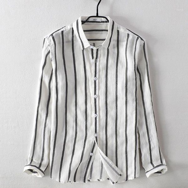

2018 new men's striped casual linen shirt loose cotton and ramie stripes shirt men square collar autumn shirts male chemise1, White;black