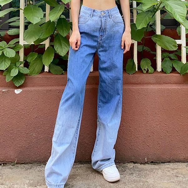 

vintage gradient women's jeans pants wide leg high waist female straight leg denim pant 2020 autumn streetwear ladies bottoms1, Blue