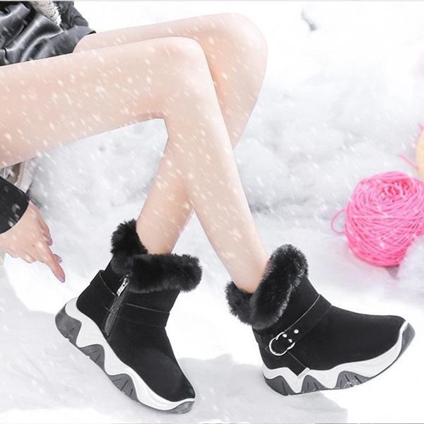 

female warm plush boots snow boots furry suede women shoes flat platform shoe metal buckle fashion footwear 2020 high quality, Black