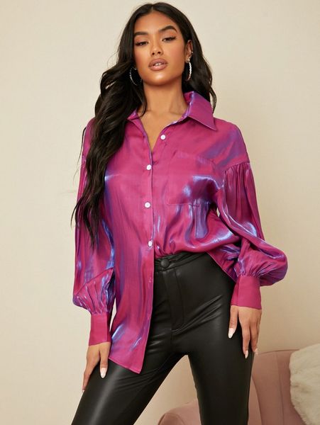 

drop shoulder lantern sleeve hologram blouse h6ai#, White