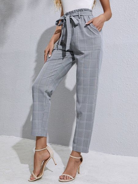 

paperbag waist belted plaid pants n1d1#, Black;white