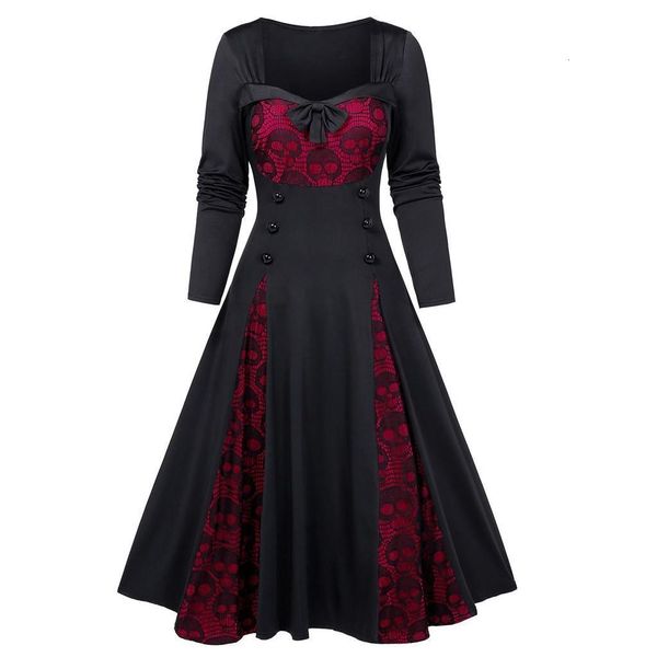 

35 plus size dress halloween skull lace insert mock button bowknot dress gothic medieval dresses vestidos autumn dress women, Black;gray