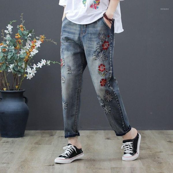 

spring summer women harem pants casual high waist floral embroidered jeans vintage ladies washed denim trousers1, Blue