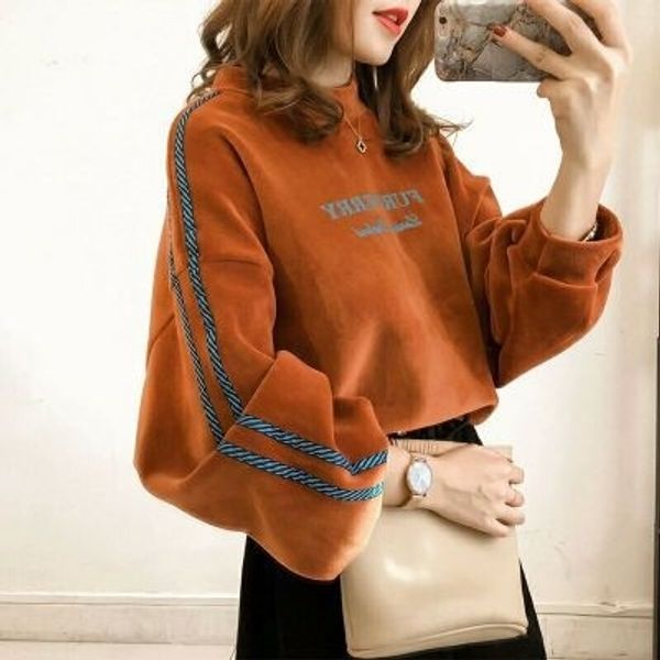 

y8boz pullover and winter letter new korean style slimming printed gold velvet sweater women's pullover loose autumn casual coat acyt, Black