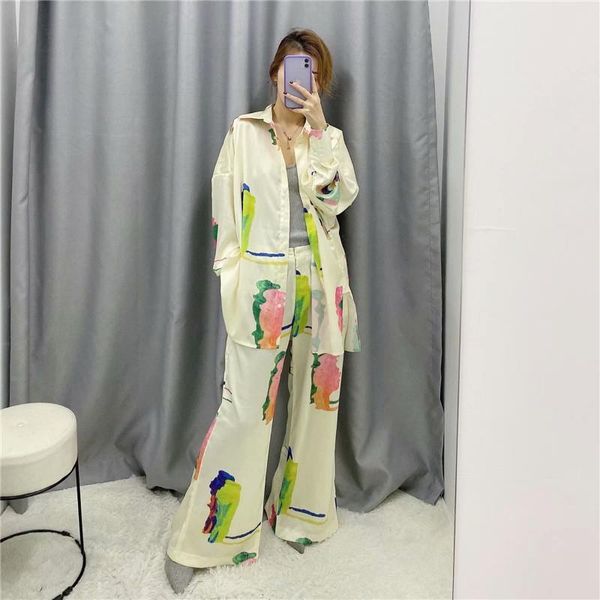 

lanmrem autumn 2020 loose fashion printting long sleeve shirt + zipper trousers women's clothes oversize tide new yj551, Gray