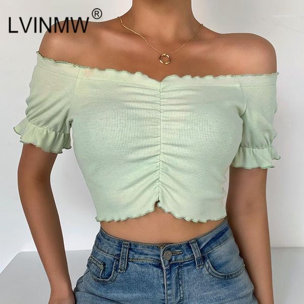 

women's t-shirt lvinmw slash neck short sleeve ruffles backless green pleated crop 2021 summer women slim elastic fashion stre, White