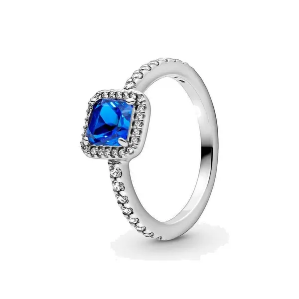 Gioielleria raffinata Anello in argento sterling autentico 925 adatto al fascino Pandora Blue Square Sparkle Halo Anelli di fidanzamento fai da te