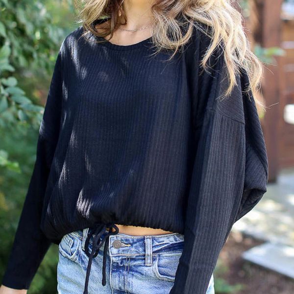 

women 2020 new fashion pullovers simple o-neck long sleeve drawstring elestic wasit t-shirt solid casual puls size ladies, White