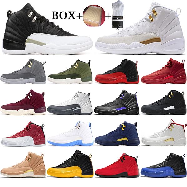 

new mens trainers basketball shoes 12s reverse flu game dark concord university gold wolf dark grey reverse taxi outdoor sports sneakers, White;red