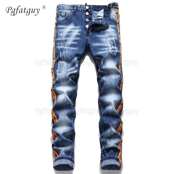 

autumn winter new mens slim stretch jeans side orange webbing tight beggar pants printed ripped blue jeans for men streetwear