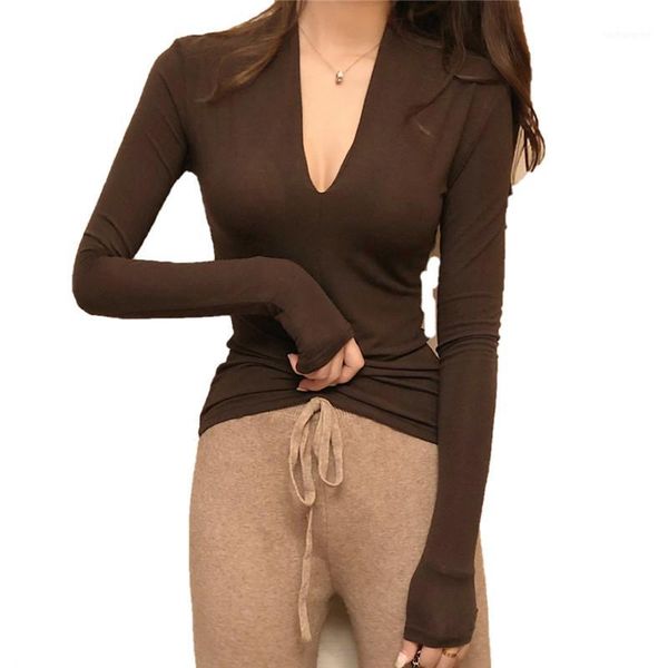 

new girls basic sheath v-neck slim full sleeve t shirts ladies solid tees shirts for women1, White