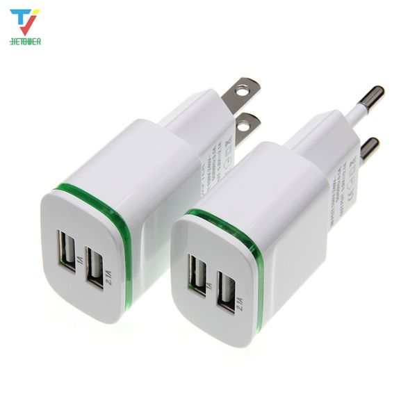 

100pcs/lot led light 2 ports usb charger cable eu us plug 5v 2a mobile phone wall adapter for iphone 6 7 ipad samsung charging device