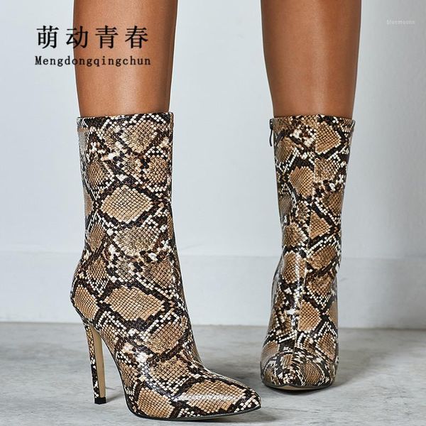 

new autumn winter women ankle boots high heeled side zip pointed toe boots mujer snake print party short big size 421, Black