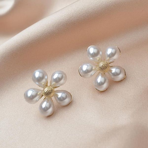 

real gold plated Metal Flower Stud Earrings Cold Wind Temperament Simple pearl Trendy Statement Earrings for Girls Gift Jewelry, Silver
