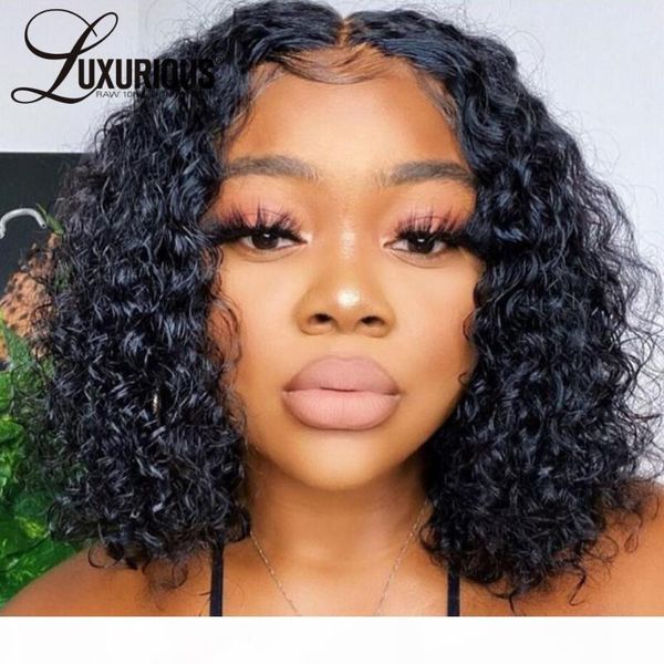 

5x5 curly closure wig short bob human hair wigs for women 200 density brazilian remy bob lace front wig middle part closure, Black;brown
