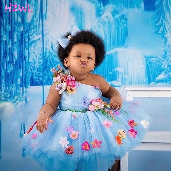 Небесно-голубой одно плечо ребёнки Birthday Party Dress 3D Флора Опухшие девушки цветка для свадебного Pageant Gowns