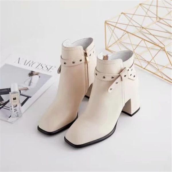 

boots zipper botas female shoes women leather scarpe donna square toe zapatos de mujer high heel ankle butterfly-knot1, Black