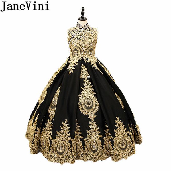 

janevini high neck black crystal flower girl dresses gold lace appliques ball gown pageant gowns robe de mariage enfant fille, Red;yellow