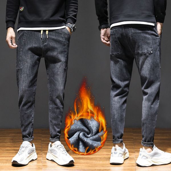 

autumn and winter new plush straight men's street fashion loose casual black wash feet jeans long pants, Blue