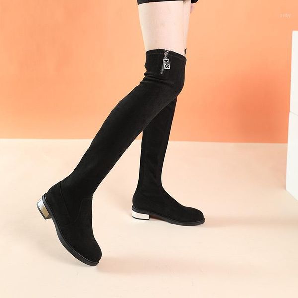 

boots winter 2021 plush knee low heel side zipper casual korean high women's one legged long fashion sparkly1, Black