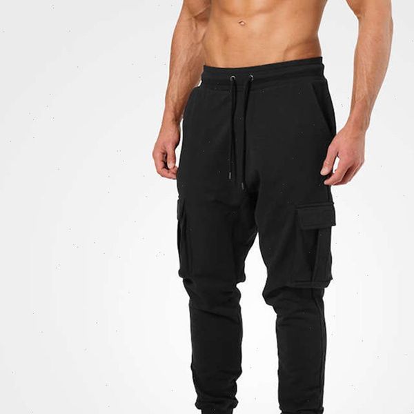 

casual jogger pants men running sweatpants gym fitness workout track pants male sports cotton multi pocket trousers sportswear, Black