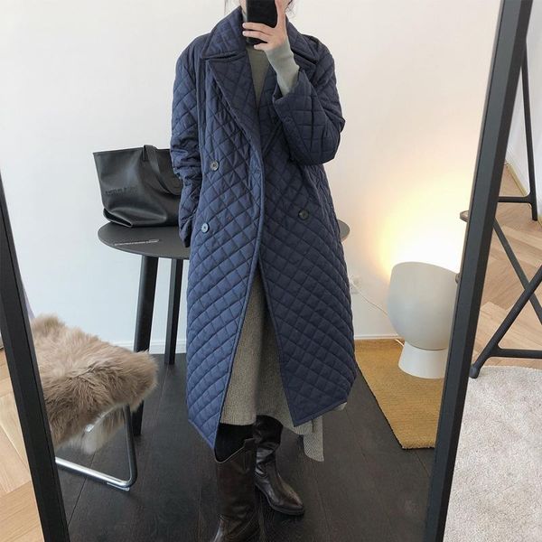 

winter women's cotton clothing casual solid color double-breasted look belt decoration long cotton clothing, Black