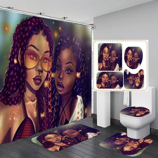 

sisters african shower curtain fabric bathroom curtains set afro america women girl non-slip bath mat toilet pad carpet