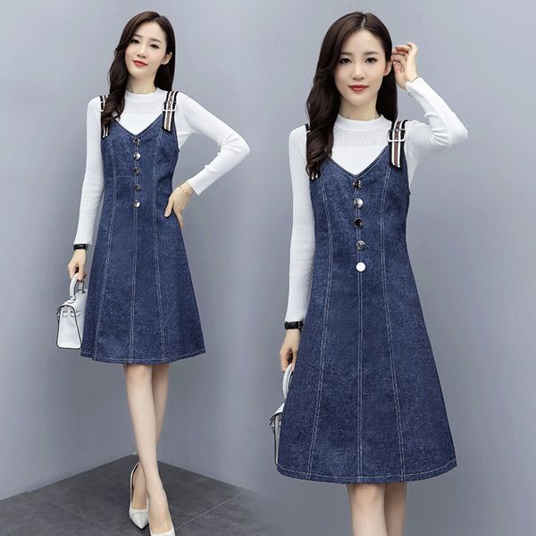 

foreign fashion suit women's t-shirt dress 2020 early autumn new denim strap dress bottomed t-shirt two-piece pullover rkpbt, Gray