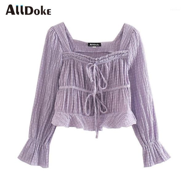 

alldoke purple vintage women blouse summer square collar long sleeve shirt femme lace up ladies blouses blusas mujer1, White