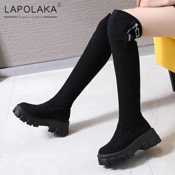 

boots lapolaka 2021 fashion tire sole comfy ins cool street motorcycle woman shoes platform dropship thigh high, Black